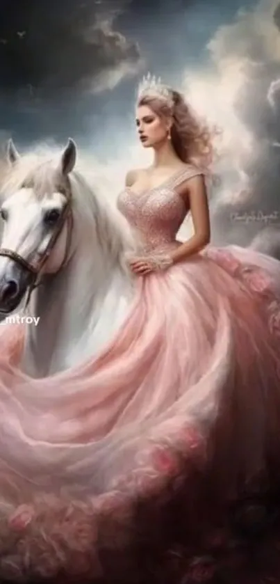 Elegant princess rides a white horse with pink gown in a fantasy scene.