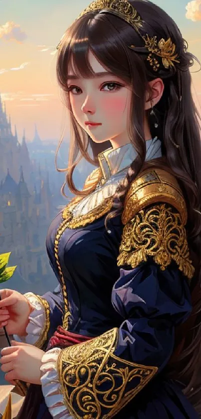 Elegant princess in a medieval fantasy setting holding a pink rose on a balcony.