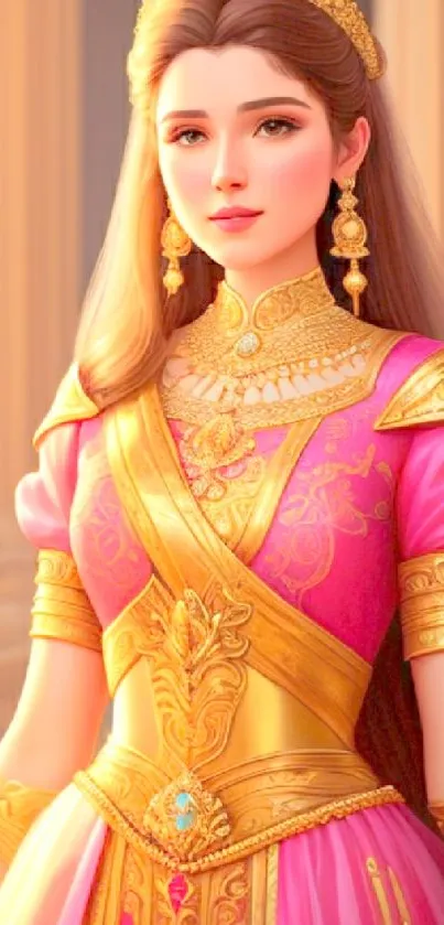 Princess in pink and gold gown, elegant fantasy wallpaper.