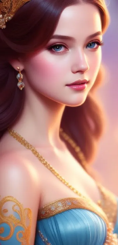 Elegant fantasy princess with golden crown in digital artwork.