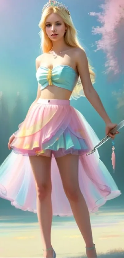 Charming pastel fantasy art of an elegant princess in a mystical landscape.