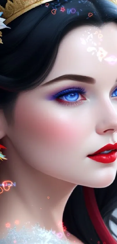 Elegant fantasy princess with a jeweled crown and vibrant makeup design.