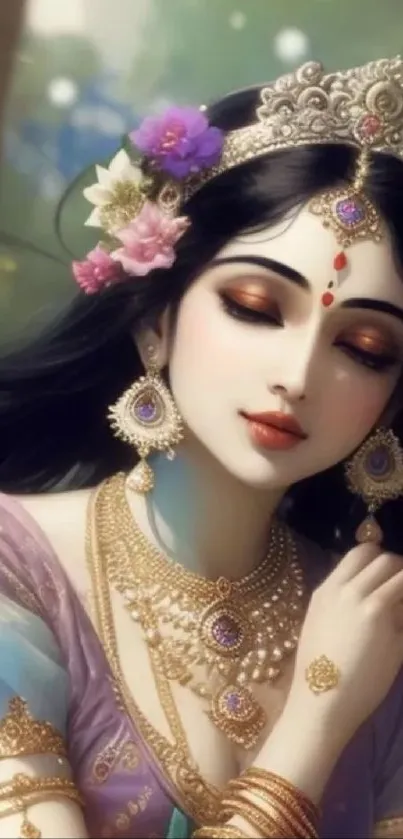 Elegant princess with jewelry and floral adornments in fantasy art style.