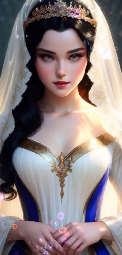 Fantasy princess in royal blue gown with veil and crown.