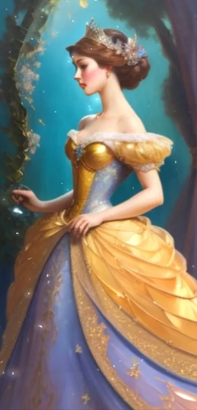 A beautiful princess in a golden gown set against a fantasy backdrop.