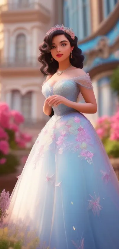 Princess in blue gown with flowers in a garden setting.