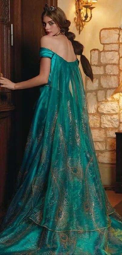 Woman in a turquoise gown in a luxurious room setting.