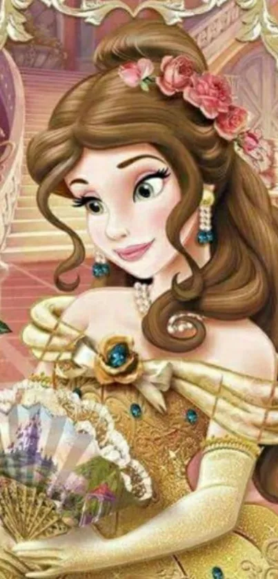 Elegant princess illustration with golden gown and floral decor.