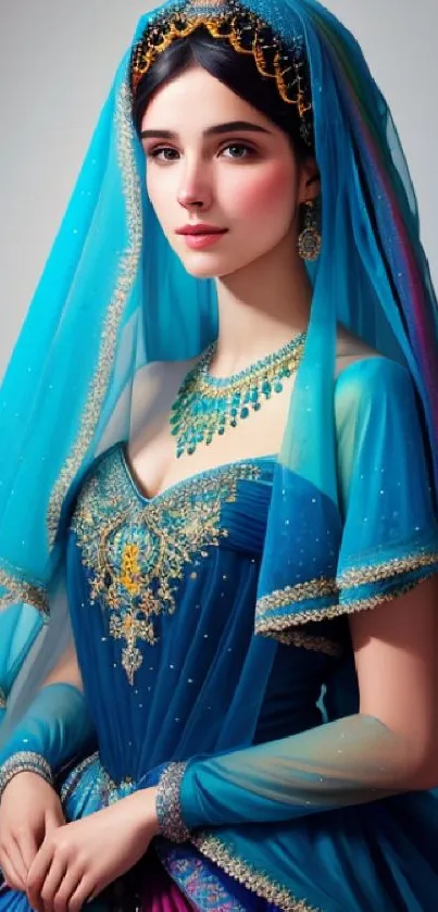 Elegant woman in a blue gown with a veil and gold embroidery.