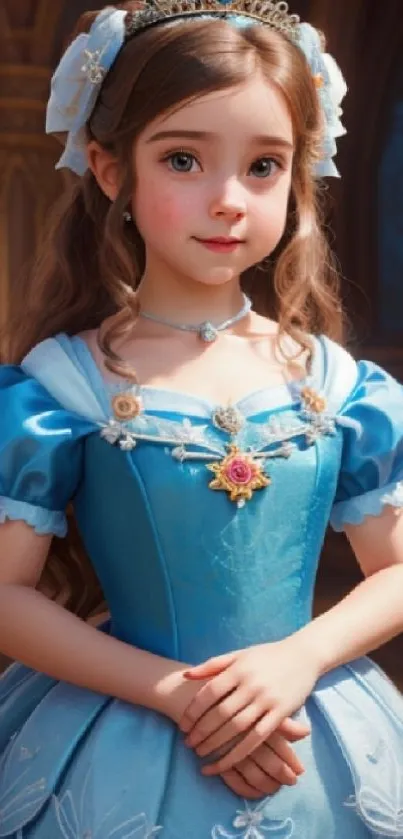 Young princess in blue gown with tiara, standing in elegant room.