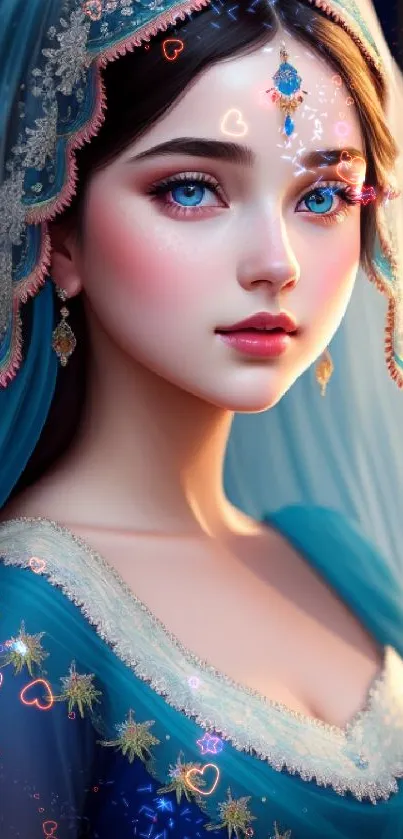 Elegant princess with blue veil and intricate embroidery on mobile wallpaper.