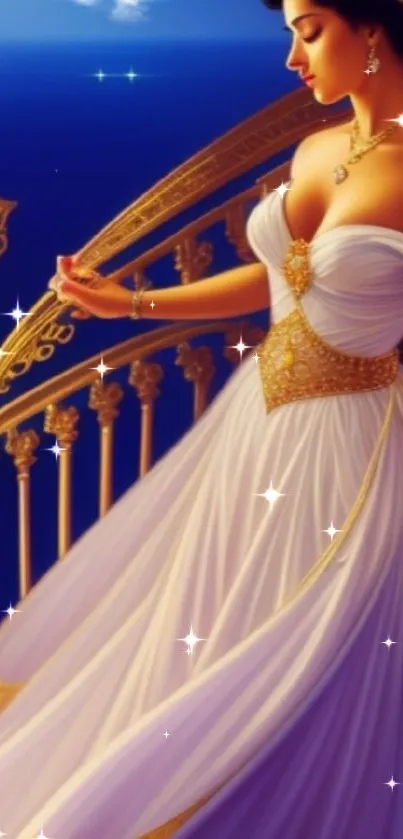 Stylish princess in white and gold dress on balcony at night.