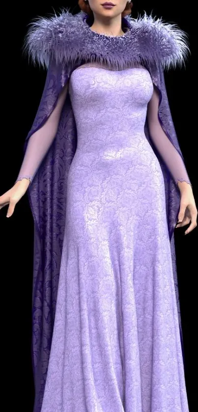 Elegant fantasy lady in purple gown with fur details on a black background.