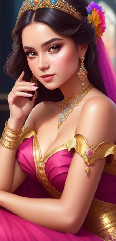 Illustrated princess in vibrant pink and gold dress with elegant accessories.