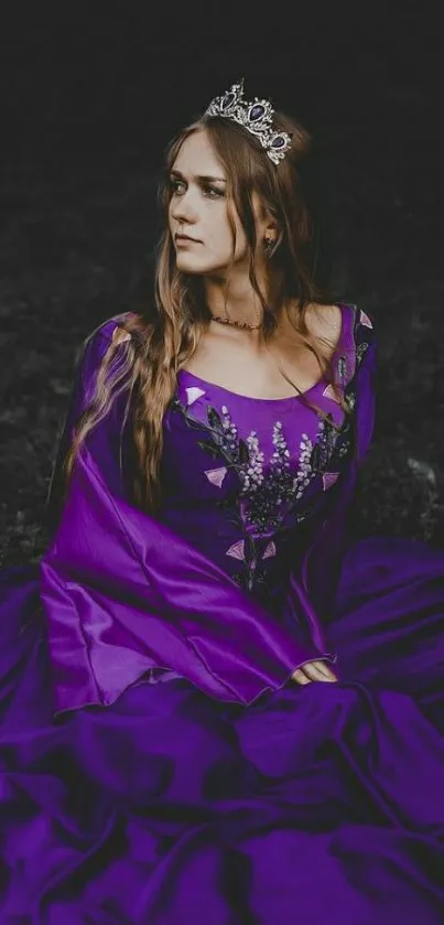 Princess in an elegant purple dress with a dark background.