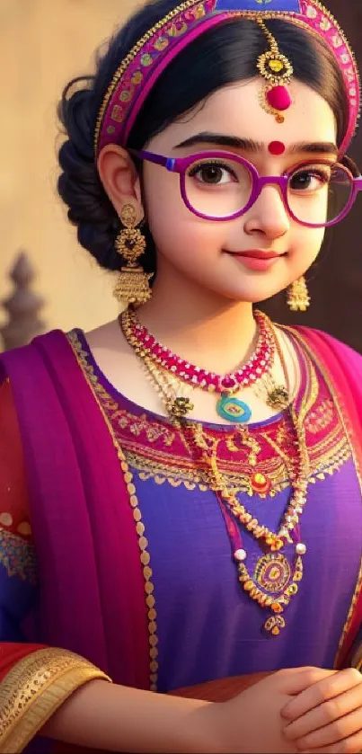 Elegant princess in vibrant cultural dress with intricate jewelry, wearing glasses.