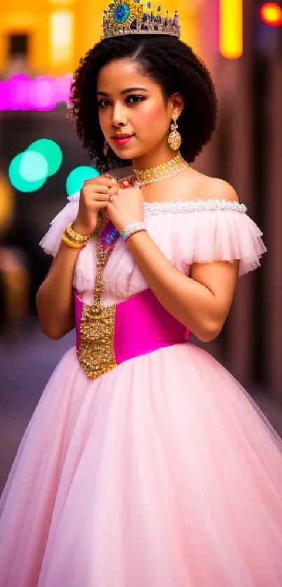 Princess in pink gown with city lights backdrop.