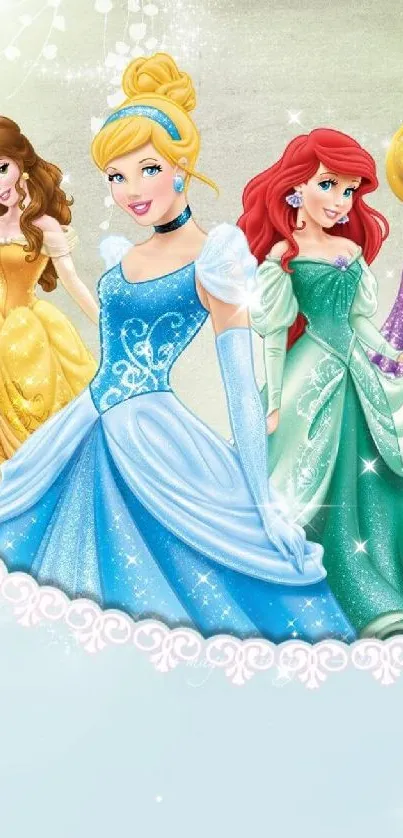 Charming Disney princesses on colorful mobile wallpaper.