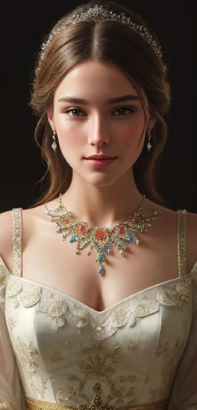 Elegant princess in a cream gown with detailed jewelry.