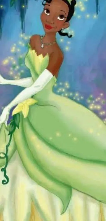 Princess in green dress with glowing sparkles.