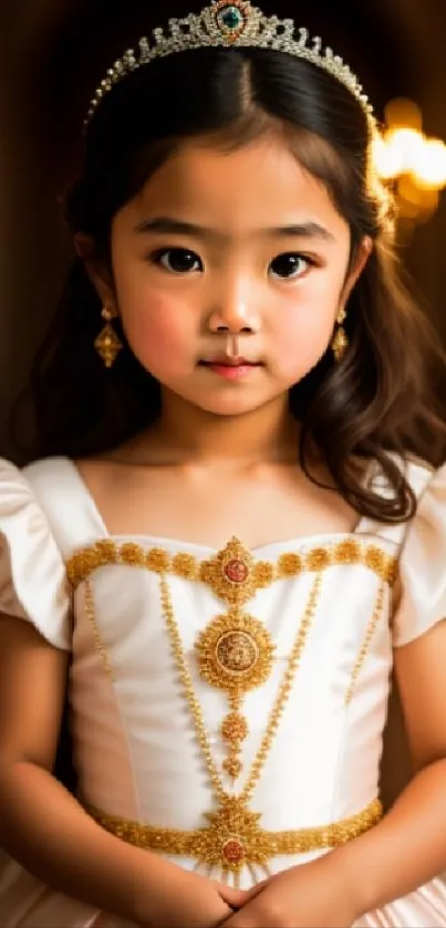 Cute young girl in elegant princess attire with golden tiara.