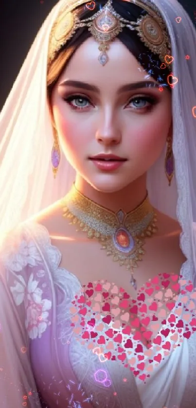 Elegant princess with jewelry and heart motif on her attire.