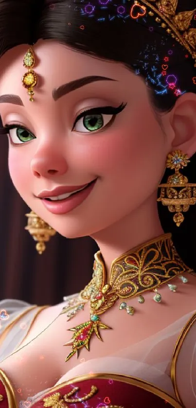 Elegant animated princess with jewelry and intricate gown on mobile wallpaper.