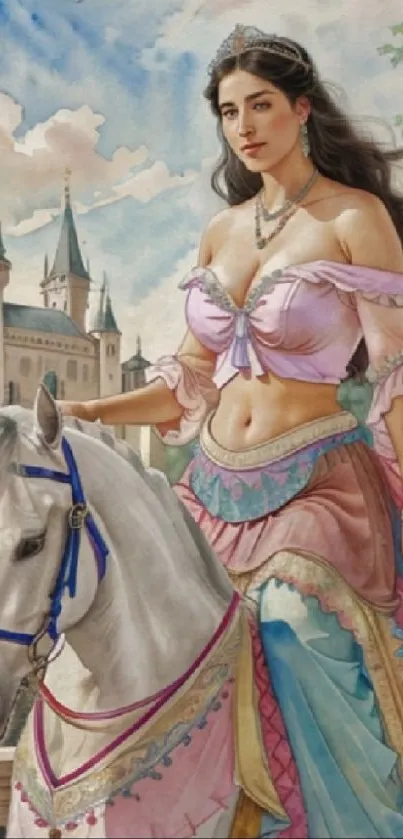 Princess in vibrant attire on a horse with castle background.