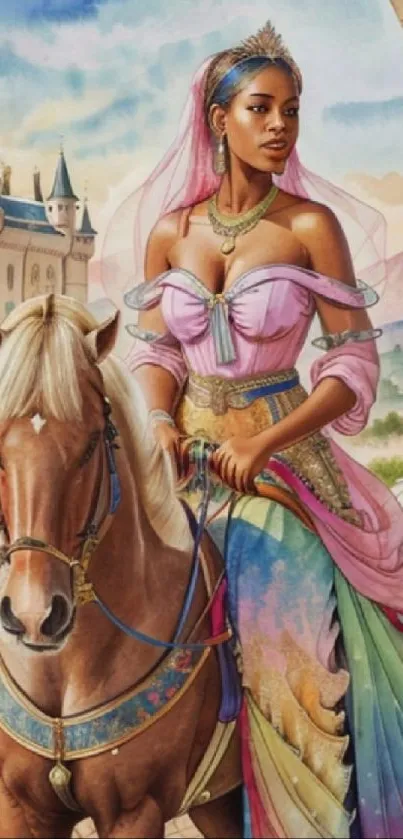 Fantasy princess riding a horse with castle in background.