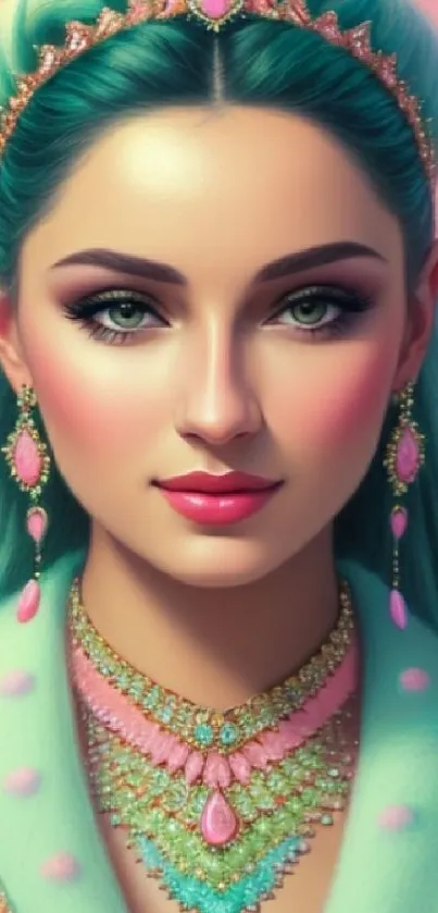 Elegant princess portrait art with turquoise and pink elements.