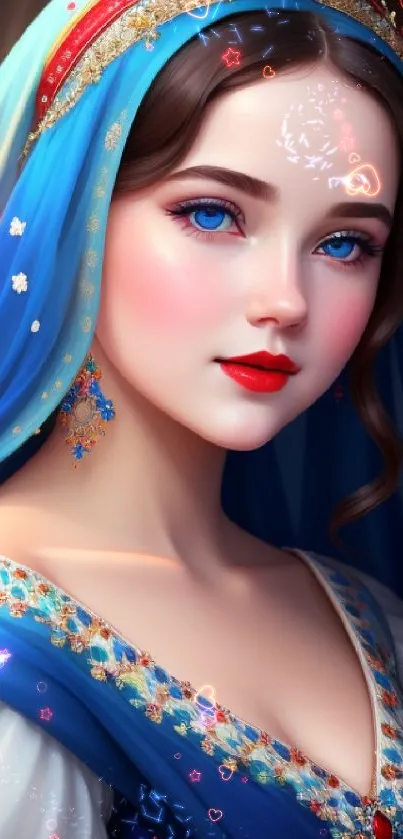 Elegant princess in royal blue attire with jeweled accessories.