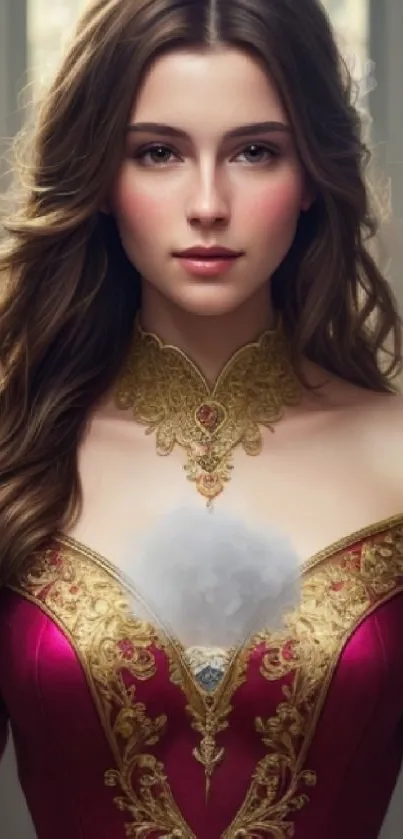 Elegant princess in crimson gown with golden embroidery.