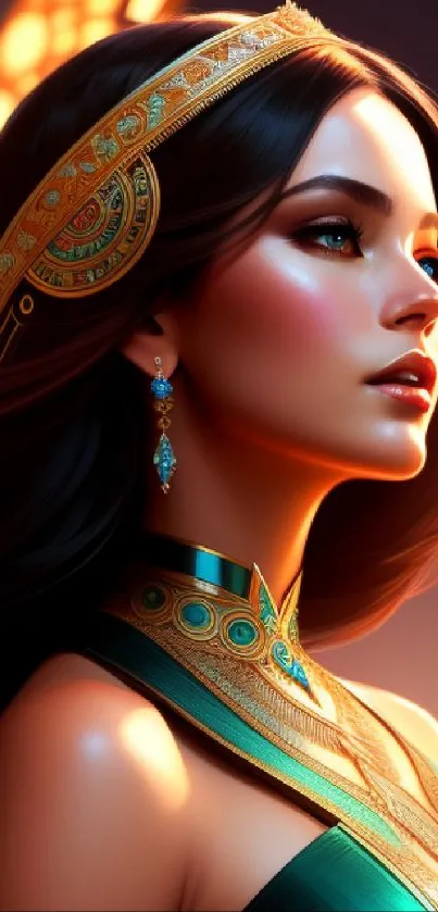 Elegant princess in a golden glow with a crown and jewelry on mobile wallpaper.