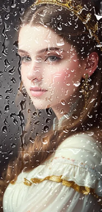 Elegant princess portrait with golden tiara on dark background.