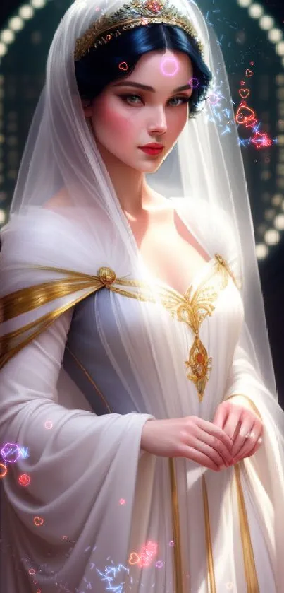 Elegant princess in a white gown with gold accents and veil, royal backdrop.