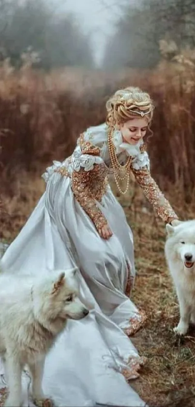 Princess in elegant gown with white dogs in an autumn meadow.