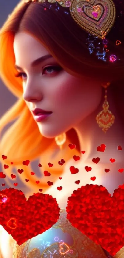 A princess with orange hair and heart motifs in vibrant colors as mobile wallpaper.