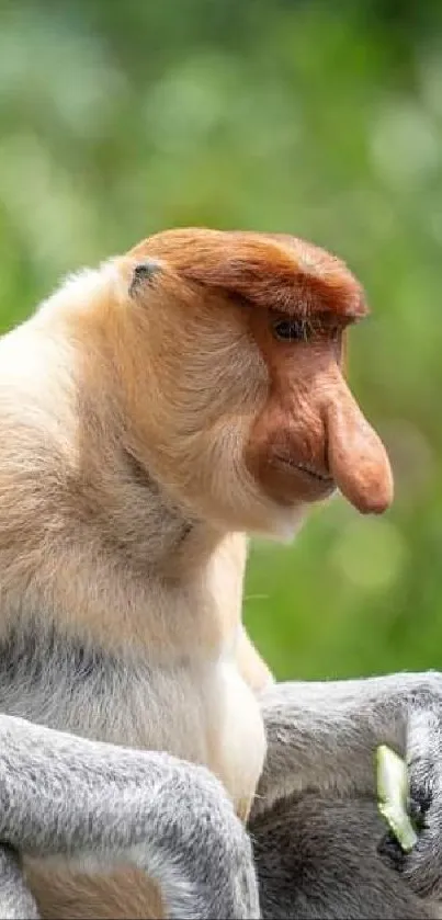 Proboscis monkey sitting on a branch in lush greenery.