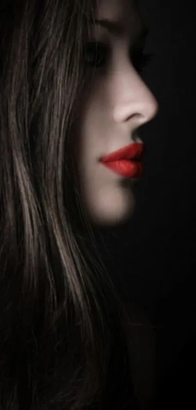 Stylish profile with red lips contrasting against dark background.