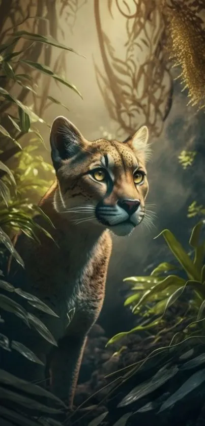 Elegant puma surrounded by lush jungle foliage in a serene natural setting.