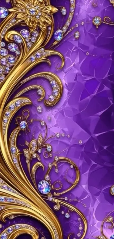 Elegant purple and gold wallpaper with floral patterns and jewels.