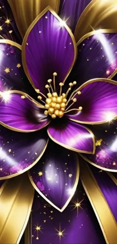 Luxurious purple and gold flower wallpaper with sparkling details.