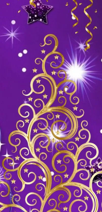 Mobile wallpaper with purple background, gold swirls, and star accents.