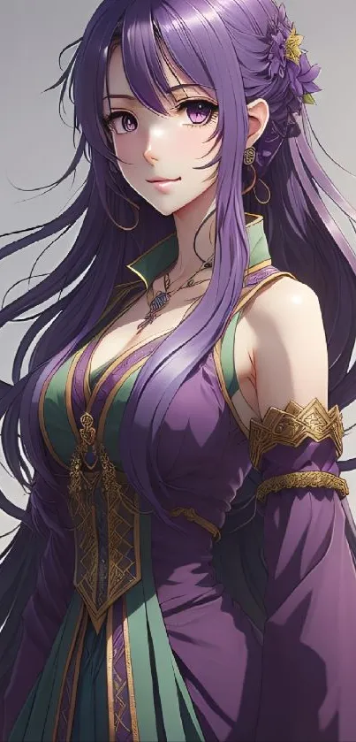 Elegant anime girl in purple attire with long flowing hair.