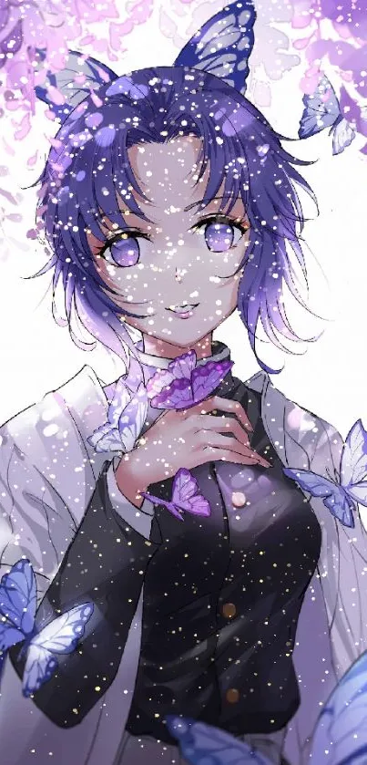 Anime wallpaper with a purple theme and butterflies.