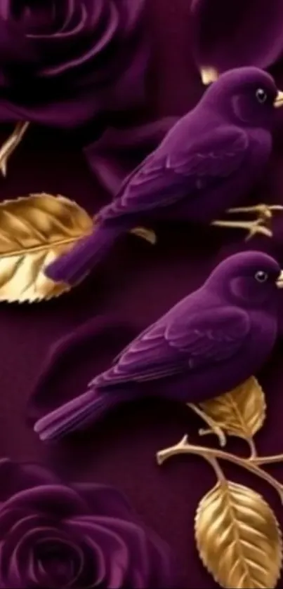 Purple birds with gold leaves and roses art.