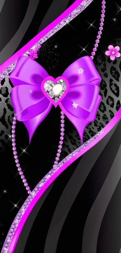 Purple bow with leopard print background on mobile wallpaper.