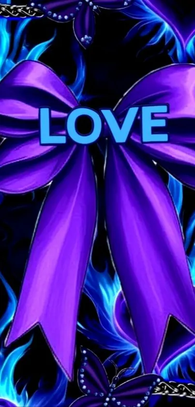 Vibrant purple bow with blue flames background