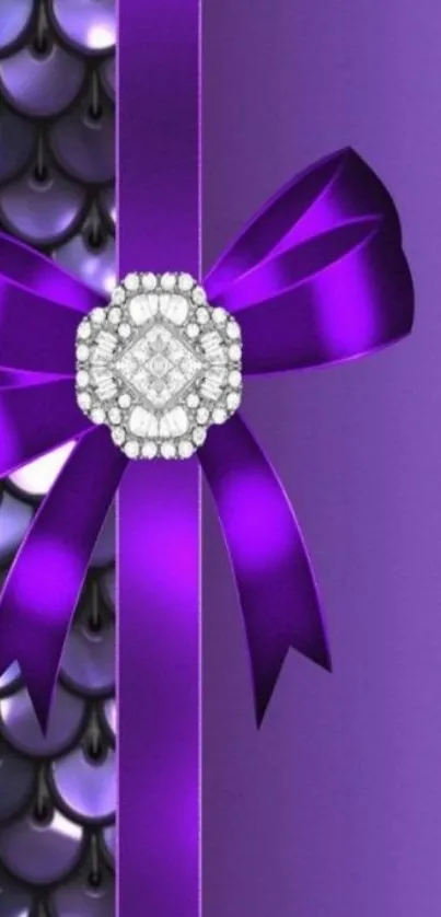 Purple ribbon with jewel on an elegant wallpaper background.