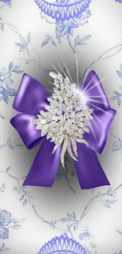 Elegant purple bow with diamonds on floral background wallpaper.
